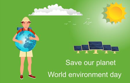 Eco friendly concept. Man holds the earth. Vector illustration. Earth day concept. Energy efficiency and alternative energy. Save the earth. Happy Earth Day Poster or Banner Background.のイラスト素材