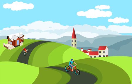 Isometrical cyclists riding on the road near the hills and mountains. Houses among hills, Fast road biker. vector illustration.のイラスト素材