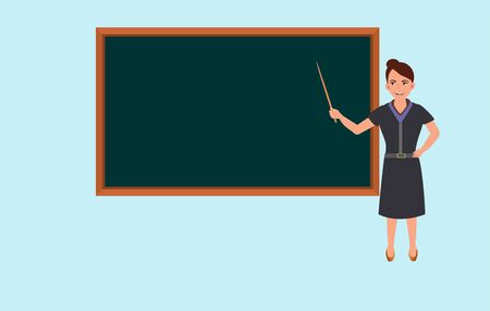 Woman teacher with pointer at hand on lesson at blackboard in classroom. Vector illustrationのイラスト素材