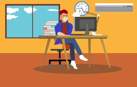 Freelancer Man with mask is working at his laptop. Working from home interior with work process icons on the background. Quarantine, Vector illustration.のイラスト素材