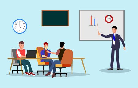 Business coach making presentation and speaking in front of audience about marketing, sales, presentation conference and motivation for business audience vector illustrationのイラスト素材