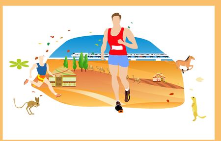 Summer sport running, running man. Desert and hills on background. Banner, site, poster template with place for your text. Vectorのイラスト素材