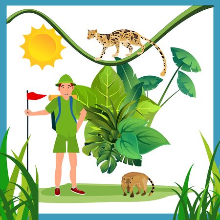 Summer eco travell, boy scout. , forest, trees and on background. Banner, site, poster template. Vectorのイラスト素材