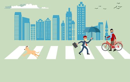 City street, Public transport with pedestrians and buildings, illustrationのイラスト素材