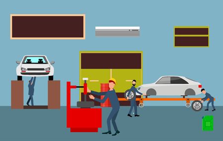 Image scenes with workers in car service, and car repair illustrationのイラスト素材