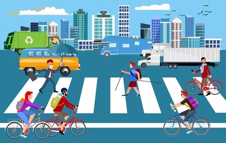 City street, Public transport with pedestrians and buildings illustrationのイラスト素材
