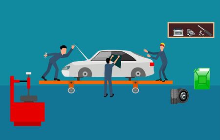 Image scenes with workers in car service, and car repair illustrationのイラスト素材