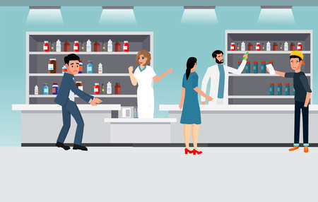 pharmacy with pharmacists. medicine cartoon character dragstore vector illustrationのイラスト素材