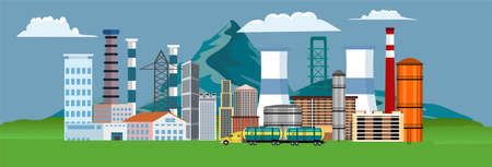 Banner horizontal industrail landscape, blue sky with clouds, plant buildings, city and factory, vector illustrationのイラスト素材