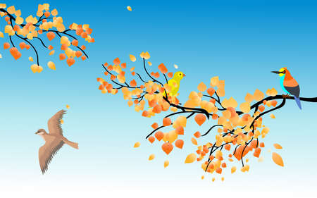 Kingfisher on branches of golden autumn trees, vector illustrationのイラスト素材