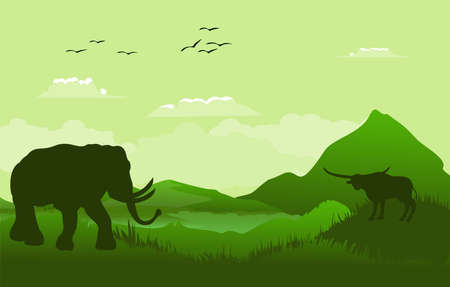 Green Vector landscape with silhouettes of mountains, elephant, buffalo, african landscape.のイラスト素材
