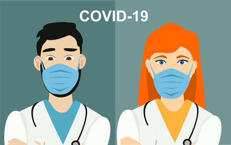 woman and man doctor avatars. . people characters in medical gowns and face masks, Coronavirus epidemic situation concept pandemia. Vector illustrationのイラスト素材