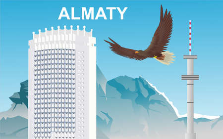 Building of Hotel "Kazakhstan" in the city of Almaty, eagle flying, vector illustrationのイラスト素材