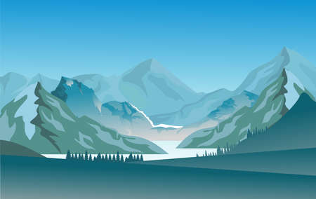 Vector nature landscape with blue misty silhouettes of mountains and hillsのイラスト素材