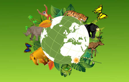 Global wildlife protection concept illustration, vector. Globe and  wild animalsのイラスト素材