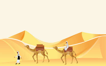 Caravan of nomad arabians on camels walking among sand barhans  in desert vector.のイラスト素材