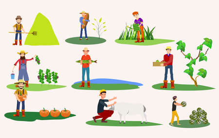 Set of farmer people working, planting, gathering harvest, collecting water melons,   carrying fruits, milking cow, working on tractor. Flat  vector illustration.のイラスト素材