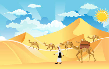 Caravan of nomad arabians on camels walking among sand barhans  in desert vector.のイラスト素材
