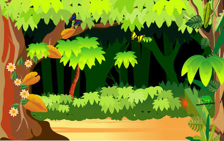 Jungle scene,  jungle background, green folliage frame, night junle, vector templateのイラスト素材