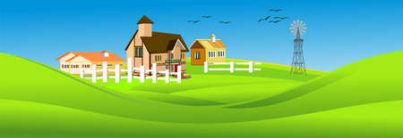 Vector illustration of countryside landscape little houses near lake, autumn, vectorのイラスト素材