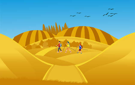 illustration of countryside landscape eco tourists walks, autumn, vector.のイラスト素材