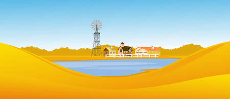Banner size illustration of countryside landscape little houses near lake, autumn, vector.のイラスト素材