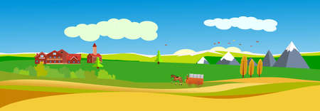 Banner size illustration of countryside landscape, village, autumn, vector.のイラスト素材