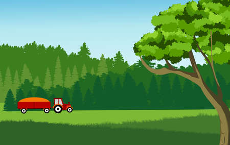 Vector illustration of countryside landscape, tractor in forests and mountains, vector.のイラスト素材