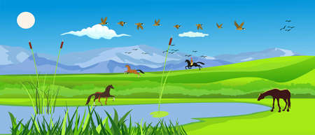 Banner size illustration of nature landscape in Kazakhstan, horses, lake, vector.のイラスト素材