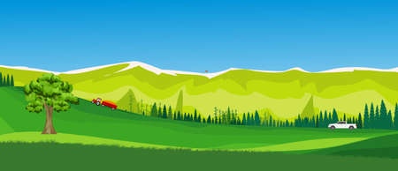 Banner size illustration of countryside landscape ,forests and mountains, vector.のイラスト素材