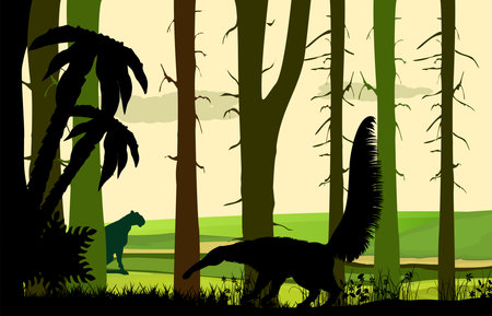 Silhouette of Ant eater walks on steppe, wildlife landscape, vector illustrationのイラスト素材