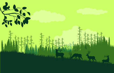 Silhouettes of deers and forest trees on hills, wildlife landscape, vector illustrationのイラスト素材