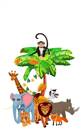 Cartoon Jungle wildlife illustration. jaguar.giraffe. elephant. rhino under palm isolated on white, vectorのイラスト素材
