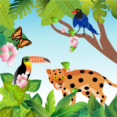 Cartoon Jungle wildlife illustration. jaguar. toucan. in the jungle. tropical plants and animals, vectorのイラスト素材