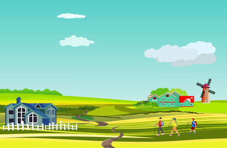 Countryside in summer season, tourists walks, valley, houses, mills, vector landscapeのイラスト素材