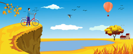 Countryside view, cyclist on the cliff by the river, autumn, nature, vectorのイラスト素材
