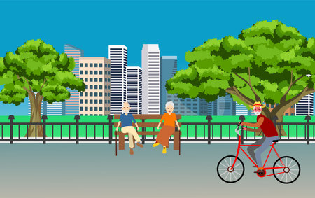 City park view, the old people sits on the bench, and the old man is riding a bike.のイラスト素材