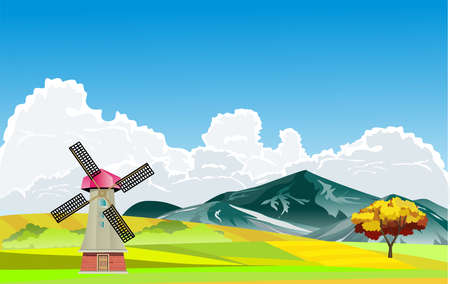 Countryside landscape, mounatins and gold and green fields, farmland, mills, outdoor theme vector illustrationのイラスト素材