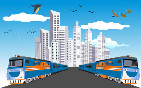 Trains drive the way, logistics vector, city buildings on background, kazakhstan railways companyのイラスト素材