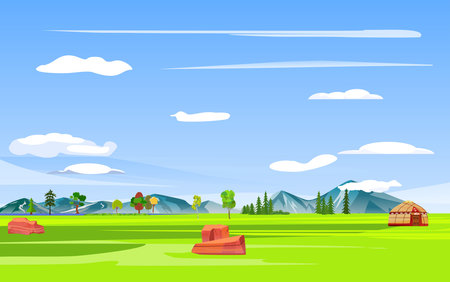 Vector flat landscape illustration of summer countryside in Kazakhstan nature view: sky, mountains, nomad dwelling,, fields and meadows.のイラスト素材