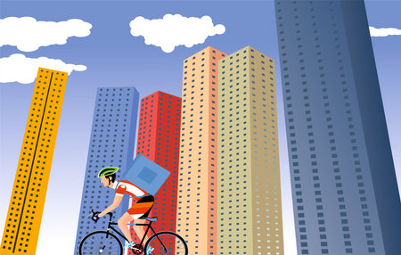 City Buildings architecture, courier rides on byke, clouds, vector illustrationのイラスト素材