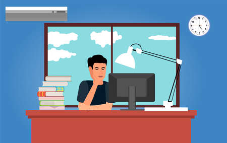 procrastinating person sitting ar the desk, cartoon vector illustrationのイラスト素材
