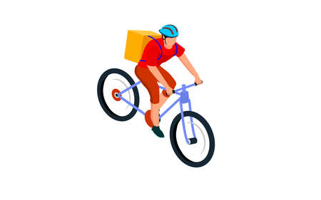 Bicycle courier delivering food, isolated on white vectorのイラスト素材