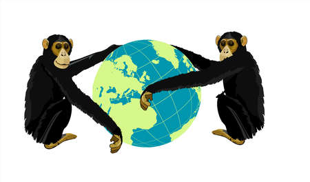 chimpanze monkeys holding a globe, concept vectorのイラスト素材