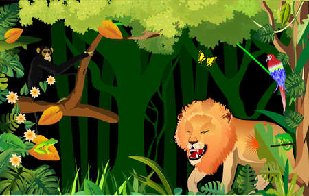 Lion and monkey in the jungle. Vector illustration for your designの写真素材