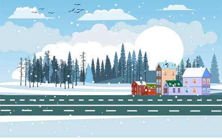 Winter landscape, eco tourists walk, snowy hills, buildings among hills and mountains, winter forest, clouds and sky vectorのイラスト素材