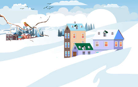 Winter landscape, eco tourists walk, snowy hills, buildings among hills and mountains, winter forest, clouds and sky vectorのイラスト素材