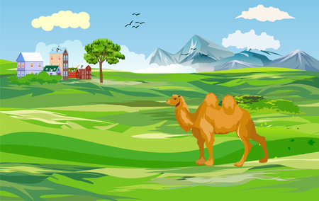 Summer countryside landscape, green hills, villages and mountains, green trees forest, clouds and sky vectorのイラスト素材