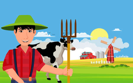 Countryside farmland, farmer with pitchfork in hand and in green hat stands foreground, cow after him red farm house, mills in background vectorのイラスト素材