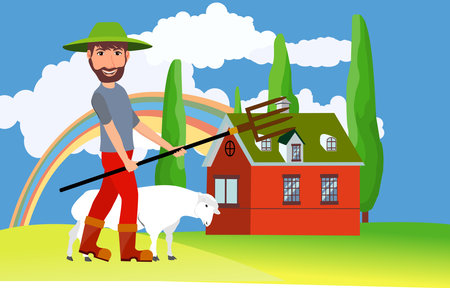 Countryside farmland, farmer with pitchfork in hand and in green hat stands foreground, cow after him red farm house, mills in background vectorのイラスト素材